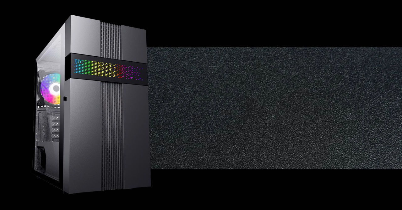 DIYPC ARGB-Q8-BK case is facing slightly to the right to the front panel and left panel